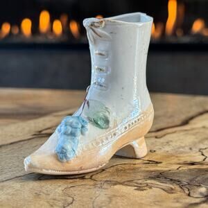 Antique Victorian German Lustreware Porcelain Lace Up Boot w/ Grape Bunches, 3"H